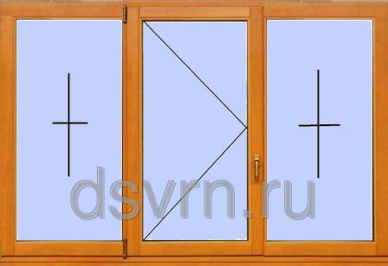 Окно деревянное трех створчатое, крайние глухие, средняя поворотная