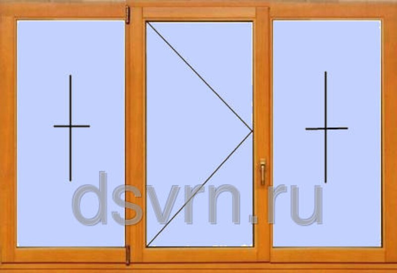 Окно деревянное трех створчатое, крайние глухие, средняя поворотная