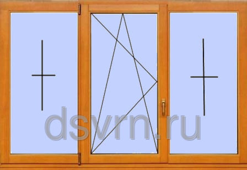 Окно деревянное трех створчатое, крайние глухие, средняя поворотно-откидная