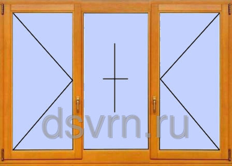 Окно деревянное трех створчатое, крайние поворотные, средняя глухая